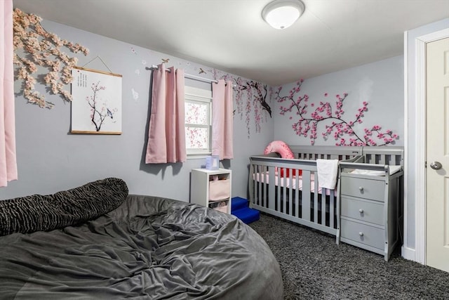 bedroom with dark carpet