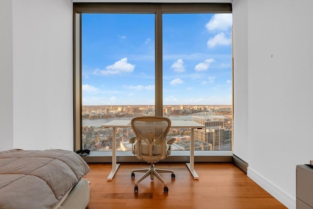 bedroom featuring baseboards, a wall of windows, wood finished floors, and a city view