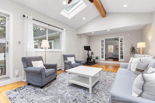 living room with recessed lighting, a baseboard heating unit, lofted ceiling with skylight, and a baseboard radiator