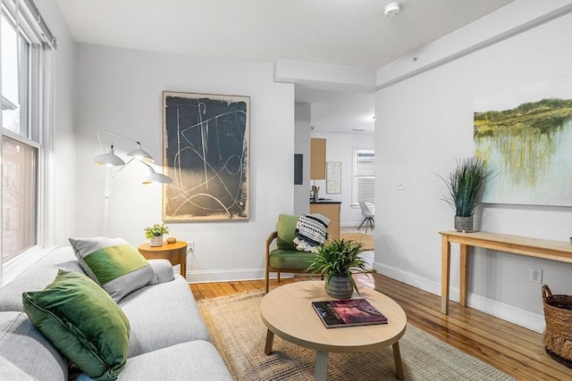 living area with baseboards and wood finished floors