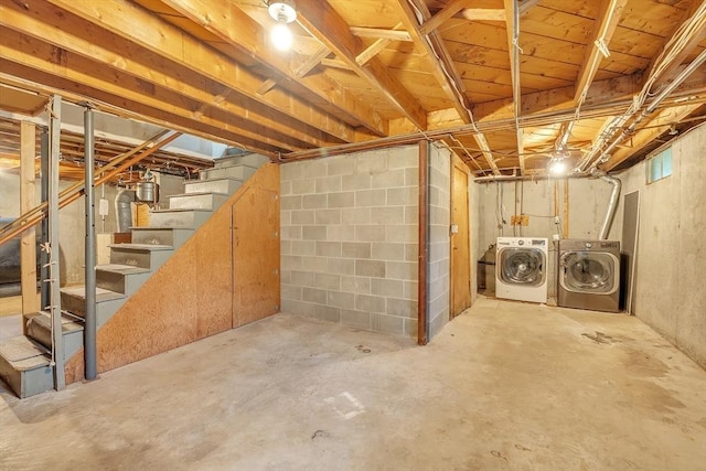 45 Alpine Dr, Southbridge, MA 01550 - unfinished basement featuring washer and clothes dryer and stairway