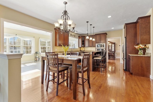 2 Rich Rd, Milford, MA 01757 - dining room with recessed lighting, baseboards, light wood finished floors, and a chandelier