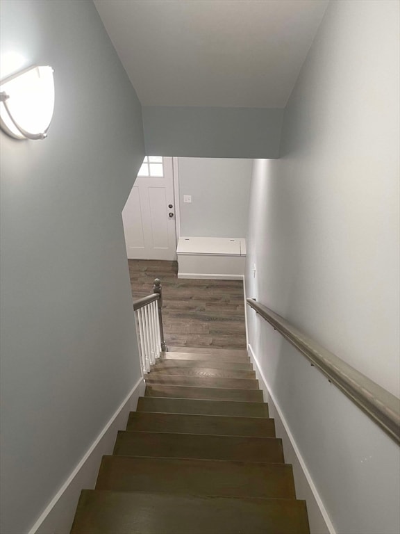 stairway with hardwood / wood-style floors