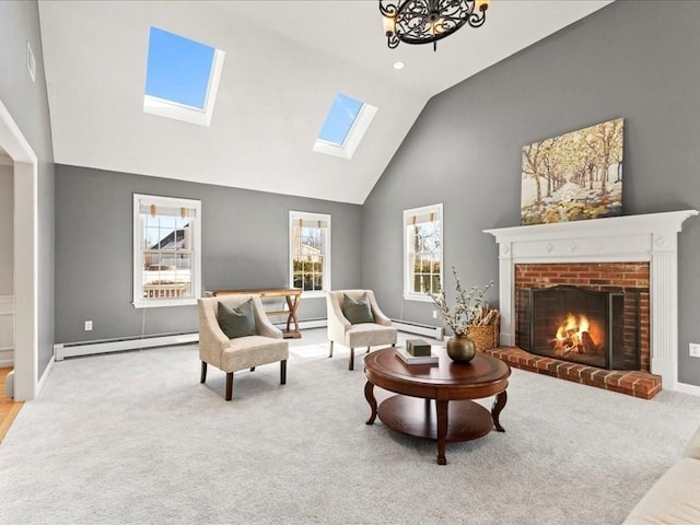 carpeted living room with a baseboard radiator, a fireplace, and high vaulted ceiling