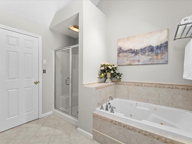 bathroom with plus walk in shower and tile patterned floors