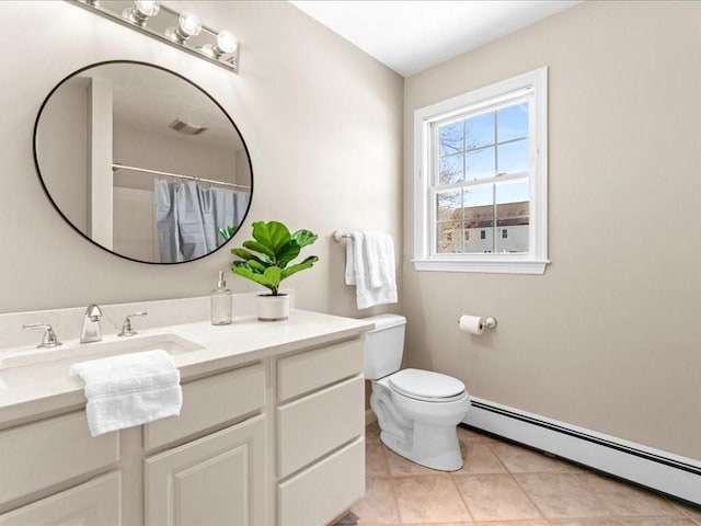 bathroom with tile patterned floors, toilet, vanity, a shower with shower curtain, and a baseboard heating unit