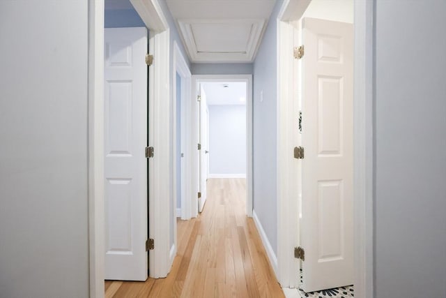 44 Dean Rd, Wayland, MA 01778 - hall featuring light wood-style floors, attic access, and baseboards