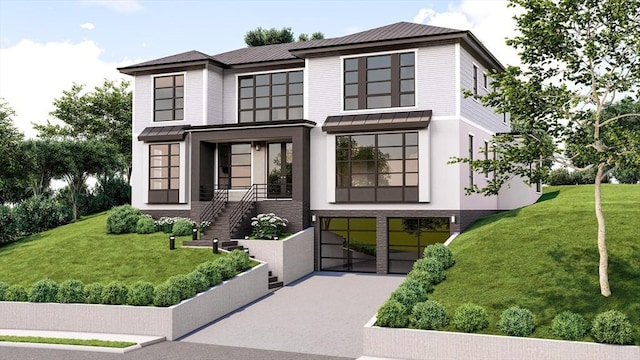 view of front of house with a standing seam roof, a front lawn, and metal roof