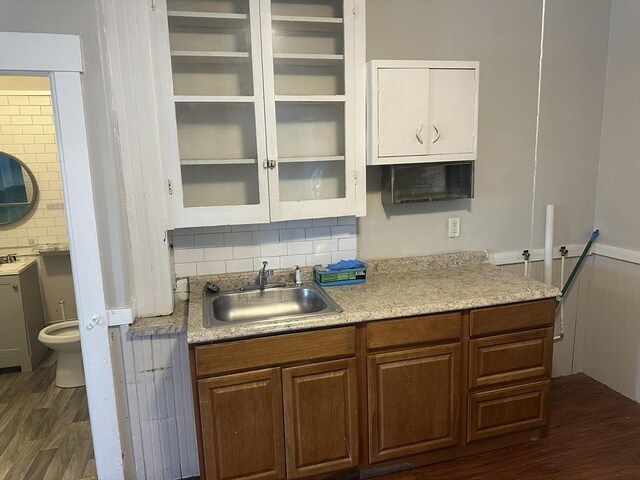 kitchen featuring dark wood-style floors, tasteful backsplash, light countertops, and a sink