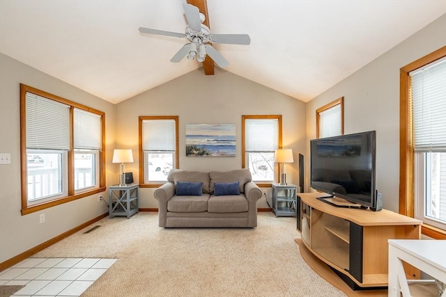 living room featuring vaulted ceiling with beams, light colored carpet, and ceiling fan