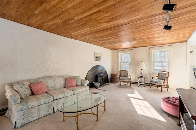 carpeted living room with wooden ceiling