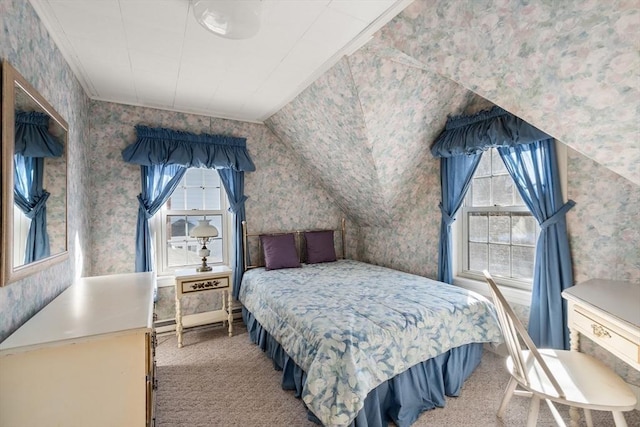 carpeted bedroom with ornamental molding, multiple windows, and wallpapered walls