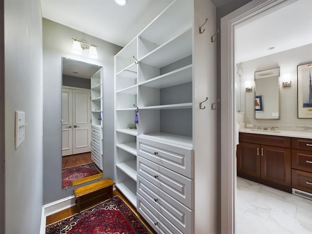 spacious closet with light hardwood / wood-style flooring and sink