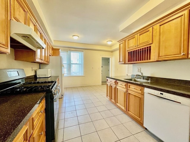 132 Sewall Ave Unit B, Brookline, MA 02446 - kitchen featuring white appliances, under cabinet range hood, light tile patterned flooring, and dark countertops