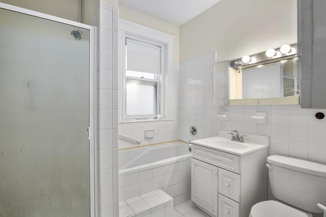 132 Sewall Ave Unit B, Brookline, MA 02446 - full bathroom with a stall shower, vanity, a garden tub, and tile walls