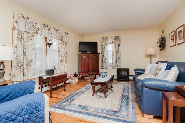 living room with light hardwood / wood-style floors and a wood stove