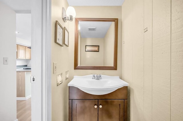 bathroom with hardwood / wood-style floors and vanity