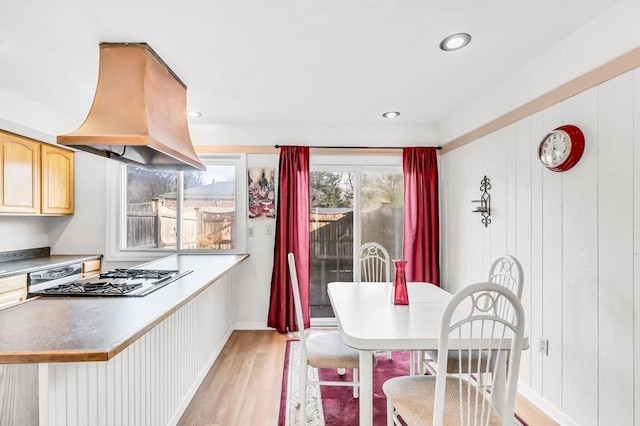 dining space with light hardwood / wood-style floors