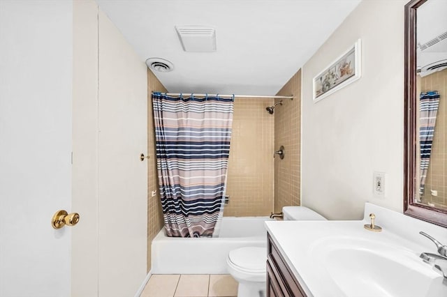 full bathroom featuring tile patterned floors, shower / bath combo, toilet, and vanity