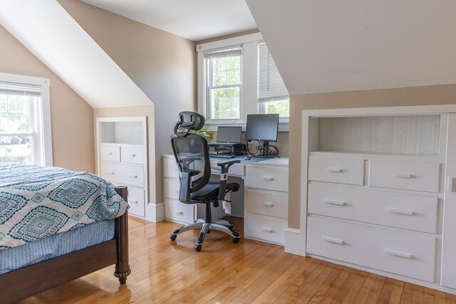 103 Maple Rd, Longmeadow, MA 01106 - bedroom featuring multiple windows, light wood-style floors, lofted ceiling, and an office area