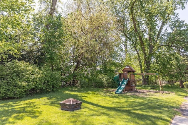 103 Maple Rd, Longmeadow, MA 01106 - view of grassy yard with a playground and an outdoor fire pit