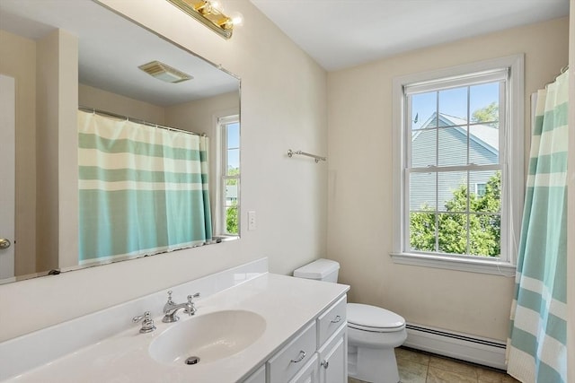 full bathroom with a baseboard radiator, plenty of natural light, vanity, and toilet
