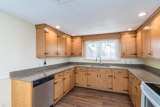 kitchen with recessed lighting, stainless steel dishwasher, dark wood-style flooring, a sink, and white electric range