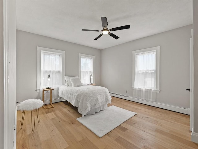 34 Rockland St, Melrose, MA 02176 - bedroom with a baseboard radiator, light wood finished floors, and ceiling fan