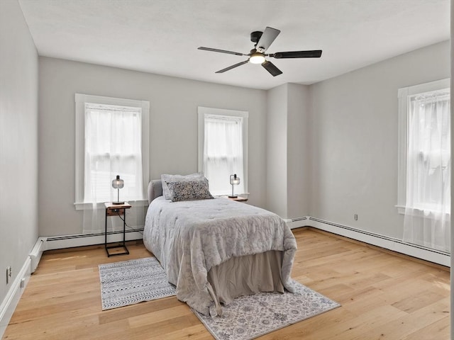 34 Rockland St, Melrose, MA 02176 - bedroom featuring a baseboard radiator, light wood finished floors, and ceiling fan