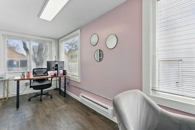 office with baseboards, baseboard heating, and wood finished floors