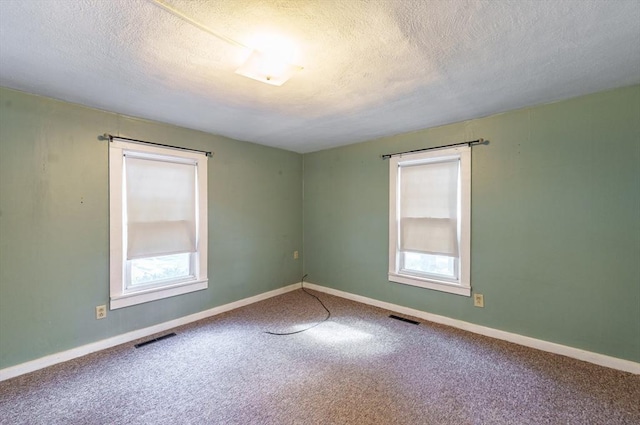 carpeted spare room with a textured ceiling and a healthy amount of sunlight