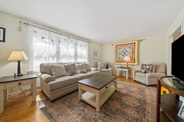 living room with wood-type flooring, a textured ceiling, and a wealth of natural light