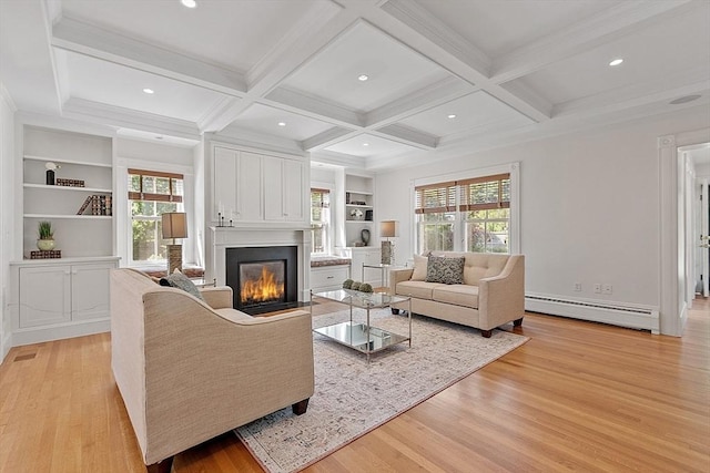 living room featuring baseboard heating, light wood-type flooring, a fireplace with flush hearth, beamed ceiling, and coffered ceiling