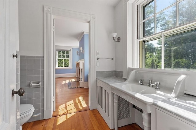 bathroom featuring wood finished floors, tile walls, and toilet