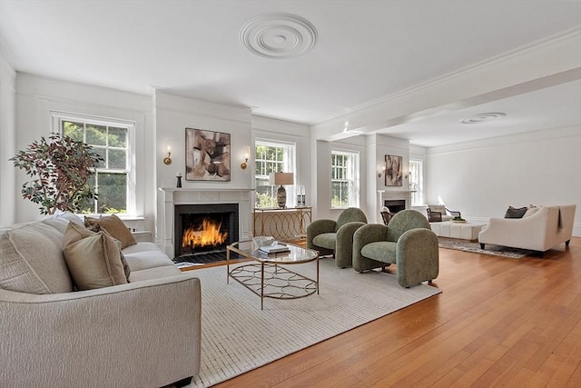 living room featuring a warm lit fireplace, wood finished floors, and ornamental molding