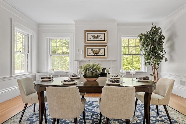 dining area featuring healthy amount of natural light, wood finished floors, ornamental molding, a wainscoted wall, and a decorative wall