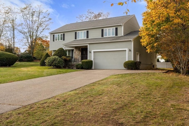 traditional home featuring driveway, an attached garage, and a front lawn