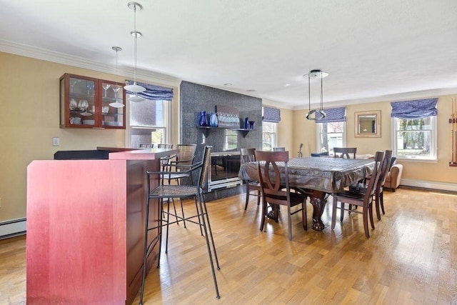 dining room with crown molding and light wood-type flooring
