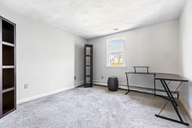 empty room featuring visible vents, carpet flooring, baseboards, a textured ceiling, and a baseboard radiator