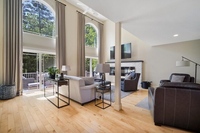 2 Nikkis Way, Hadley, MA 01035 - living area featuring light wood-style floors, a fireplace, and a towering ceiling