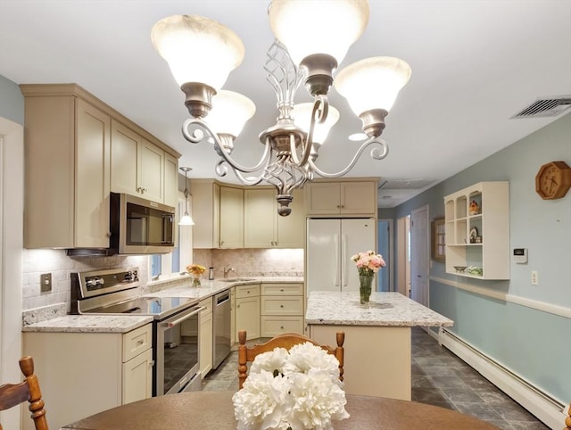 442 Purchase St, Easton, MA 02375 - kitchen featuring appliances with stainless steel finishes, a baseboard radiator, a chandelier, a center island, and tasteful backsplash