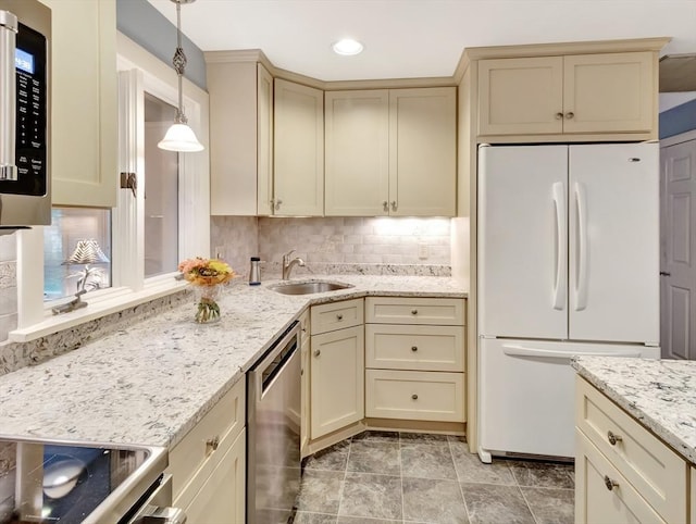 442 Purchase St, Easton, MA 02375 - kitchen featuring freestanding refrigerator, stainless steel dishwasher, cream cabinets, a sink, and electric range oven