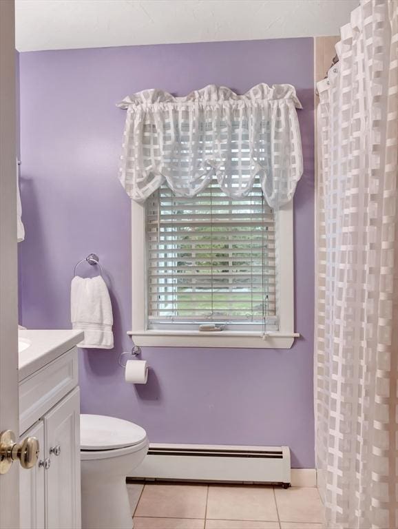 442 Purchase St, Easton, MA 02375 - bathroom featuring a baseboard heating unit, tile patterned floors, vanity, toilet, and a shower with shower curtain
