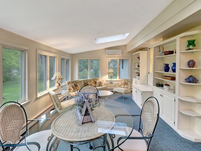 442 Purchase St, Easton, MA 02375 - sunroom with a wall mounted air conditioner, a skylight, vaulted ceiling, plenty of natural light, and carpet flooring