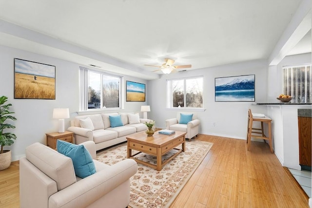 360 Littleton Unit D1, Chelmsford, MA 01824 - living room with ceiling fan, light wood-style floors, and baseboards