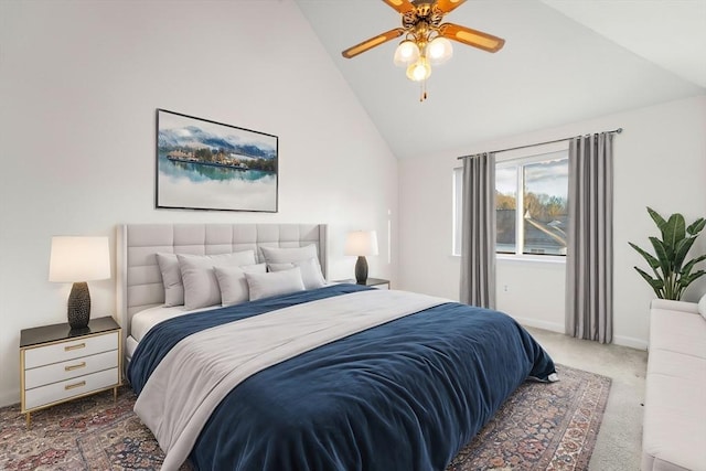 360 Littleton Unit D1, Chelmsford, MA 01824 - carpeted bedroom featuring high vaulted ceiling, baseboards, and ceiling fan
