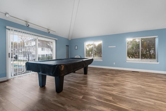 360 Littleton Unit D1, Chelmsford, MA 01824 - rec room with rail lighting, wood finished floors, plenty of natural light, billiards, and vaulted ceiling
