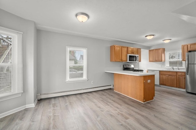 78-82 3rd St, Lowell, MA 01850 - kitchen featuring a baseboard radiator, freestanding refrigerator, dishwasher, range, and light wood finished floors