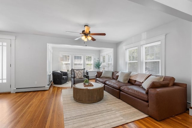 21 Ames, Lynn, MA 01905 - living room with healthy amount of natural light, ceiling fan, wood finished floors, and a baseboard radiator