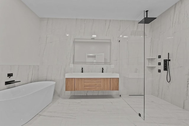 bathroom featuring tile walls and plus walk in shower